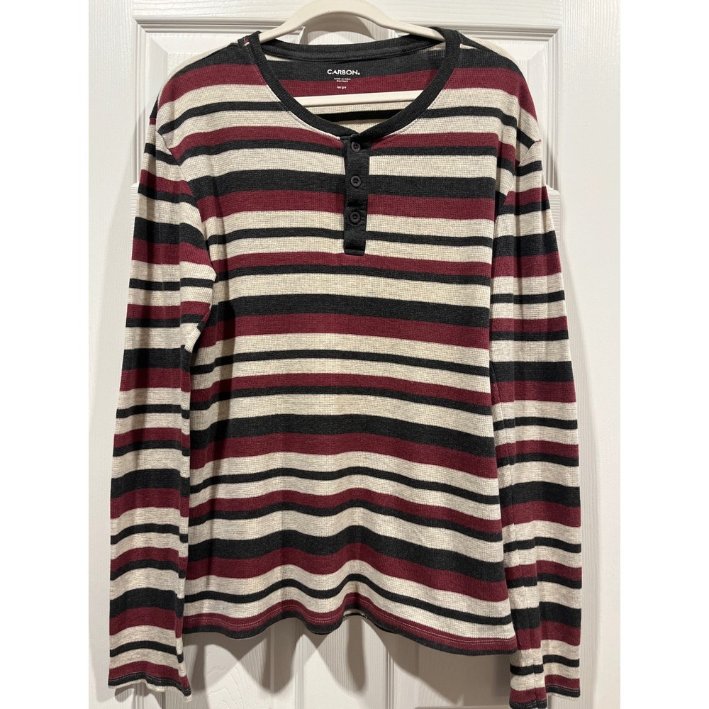Carbon Mens Long Sleeve Thermal Henley Striped Waffle Knit Shirt Burgundy Large